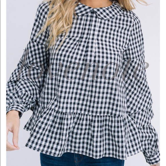 COTTON GINGHAM LONG RUFFLE SLEEVE TOP TIE BACK - Picture 5 of 7